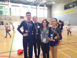 Antonio Panfili, Marta Gargano, l'allenatrice Roberta Panfili e Giulia Corà al termine delle premiazioni delle categorie Advance Novice e Senior divisione Elite a Cork 2108